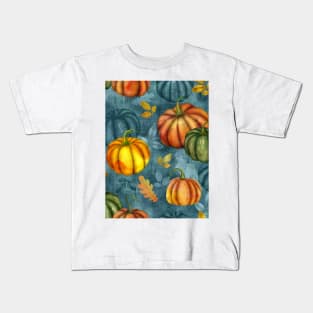 Pumpkins and different fall leaves seamless watercolor pattern. Autumn colorful composition. Thanksgiving textural background Kids T-Shirt